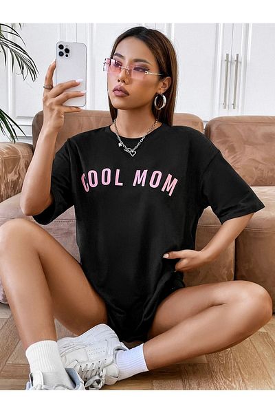 CLAYES Μαύρο μπλουζάκι Cool Mom - Μπλουζάκι με κοντό μανίκι Oversize Crew Neck
