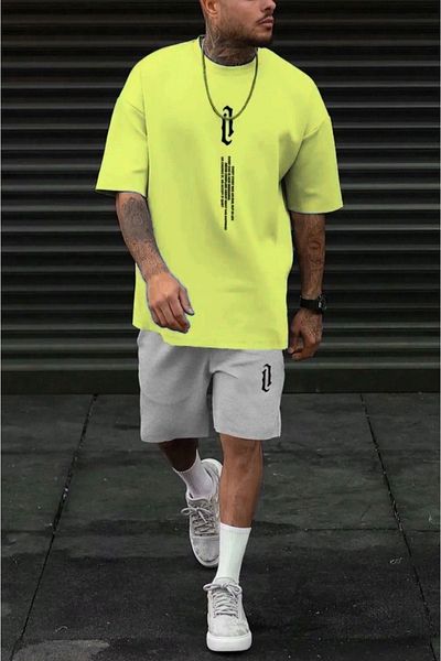 DUBU BUTİK Yellow Gray Vertical T-Shirt and Shorts Set - Oversize Crew Neck Printed