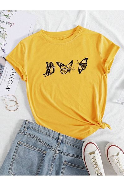 DUBU BUTİK Μπλουζάκι μονό ζέρσεϊ Flying Butterflies - Μπλουζάκι με κοντό μανίκι με λαιμόκοψη με κίτρινο στάμπα