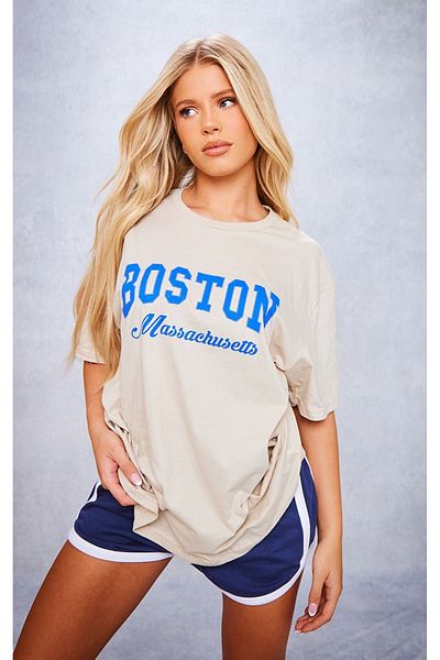 CLAYES Μπλουζάκι Boston Massachusetts Single Jersey - Μπεζ εμπριμέ κοντομάνικο μπλουζάκι με λαιμόκοψη