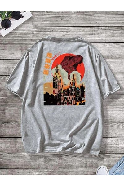 VBSVİBES Ανδρικό μπλουζάκι σε γκρι Oversize Japanese Dinosaur printed