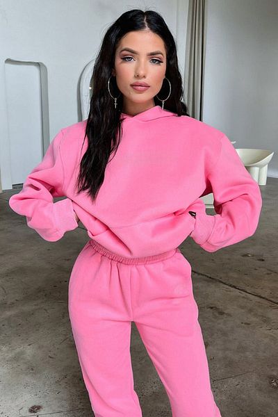 CLAYES Basic Απλό Σετ Φούτερ Jogger - Ροζ Oversize Raised Hooded