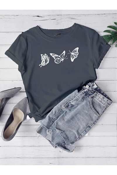 DUBU BUTİK T-shirt Flying Butterflies Single Jersey T-shirt - Smoke printed Oversize Crew Neck κοντομάνικο T-shirt