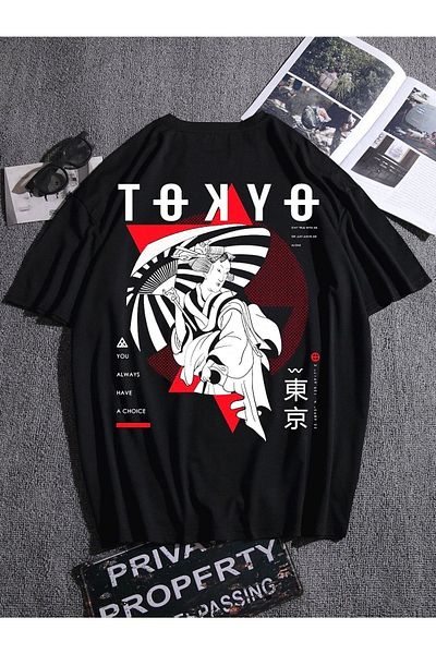 VBSVİBES Men's Black Oversize Tokyo Printed T-shirt