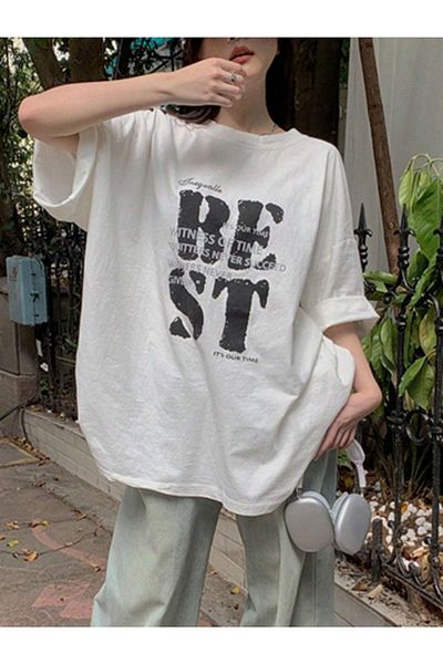 CLAYES Oversize Λευκό εμπριμέ T-Shirt - Crew Neck, κοντό μανίκι