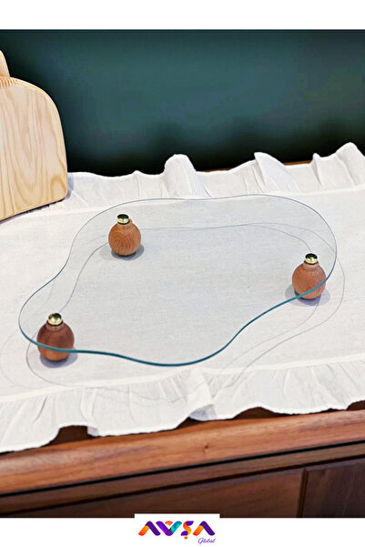 AVŞA Global حامل عرض زجاجي منحني ذو قاعدة خشبية دائرية الشكل (32 سم / 22 سم)