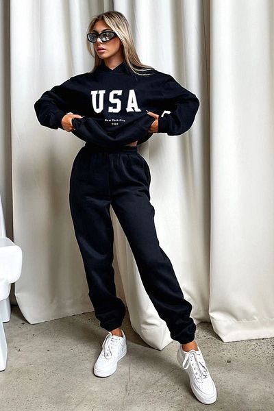 CLAYES Σετ φόρμας Usa Sweatshirt Jogger - Μαύρη στάμπα Oversize Raised Hooded