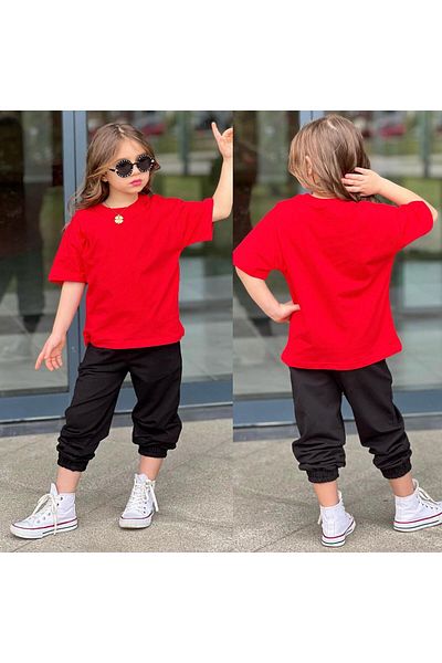 JOYBOY KİDS T-Shirt Sweatpants Top 2-Pack Unprinted Girl's Set