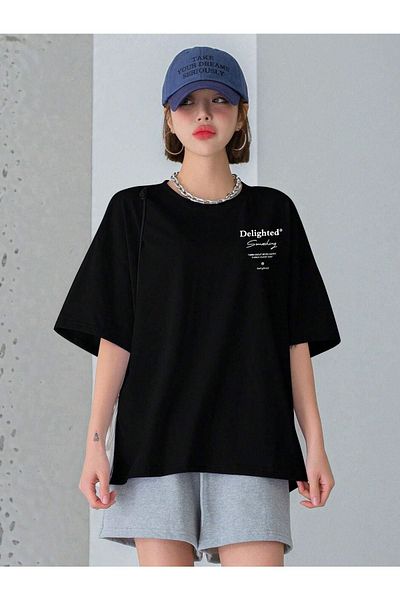 CLAYES Delighted T-shirt - Μαύρο εμπριμέ κοντομάνικο μπλουζάκι με λαιμόκοψη