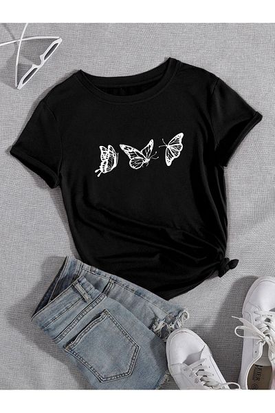 CLAYES Μαύρο T-Shirt με μονόπλευρη Flying Butterfly - Oversize Crew Neck