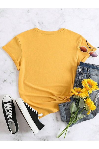 CLAYES Leopard Pattern Hearts Single Jersey T-Shirt - Yellow Printed Oversize Crew Neck Short Sleeve T-Shirt