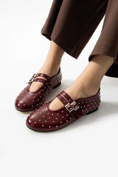 diclepolat Belinda Burgundy Patterned Patent Leather Troc Detailed Flat Sole Women's Ballerinas
