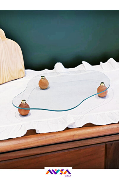 AVŞA Global حامل عرض زجاجي منحني ذو قاعدة خشبية دائرية الشكل (32 سم / 22 سم)