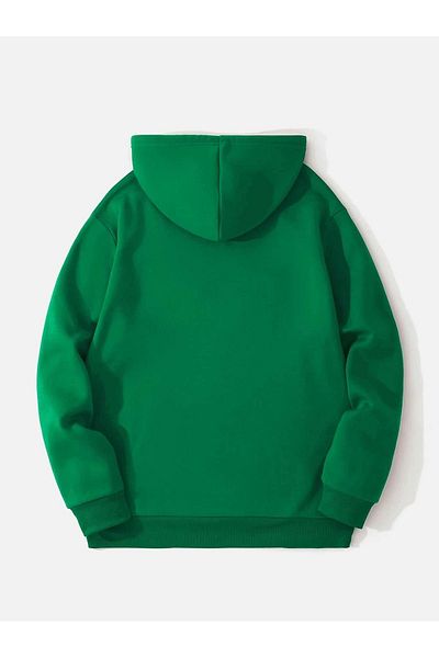 DUBU BUTİK Plain Basic Thick Winter Sweatshirt - Nefti Green Oversize Hooded