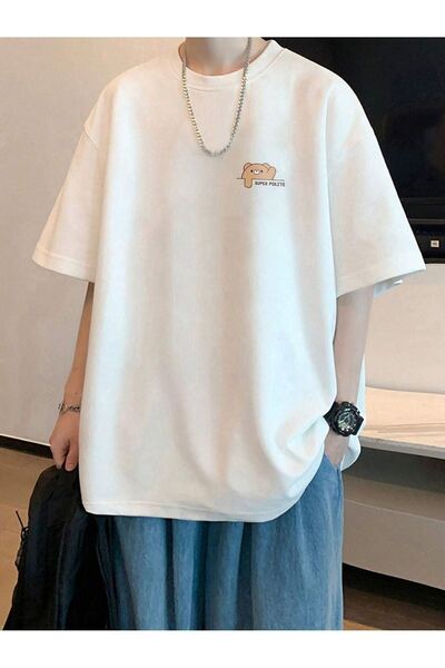 VBSVİBES Πλεκτό μπλουζάκι Unisex White Oversize Super Polite Bear με στάμπα