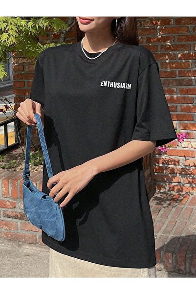 VBSVİBES Унисекс черна плетена тениска с голям размер и щампа Enthusiasm