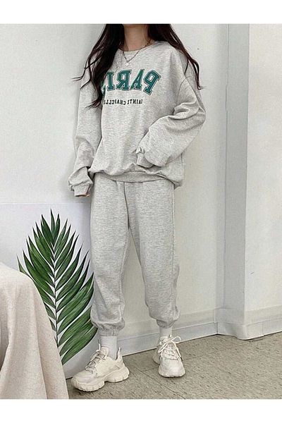 CLAYES Paris Sainte Tracksuit Set Sweatshirt Jogger - Gray Printed Oversize Raised Crew Neck