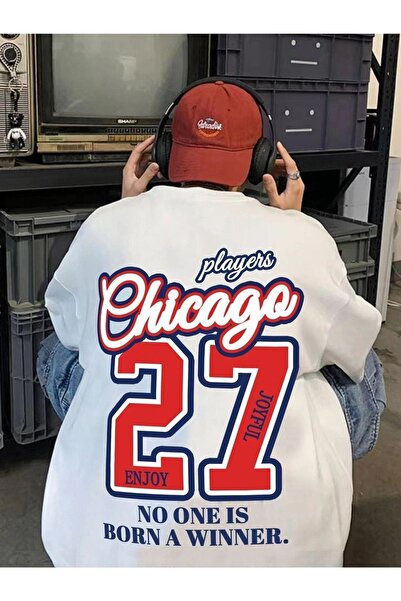 VBSVİBES Πλεκτό μπλουζάκι Unisex White Oversize 27 Chicago Printed