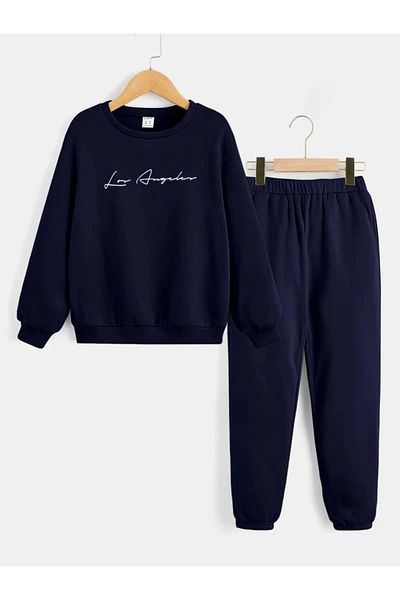 CLAYES Los Angeles Handwritten Tracksuit Set Sweatshirt Jogger - Navy Blue Printed Oversize Crew Neck