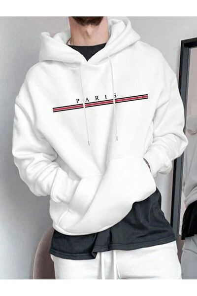 VBSVİBES Paris Horizontal Sweatshirt - Λευκό Oversize με στάμπα με κουκούλα