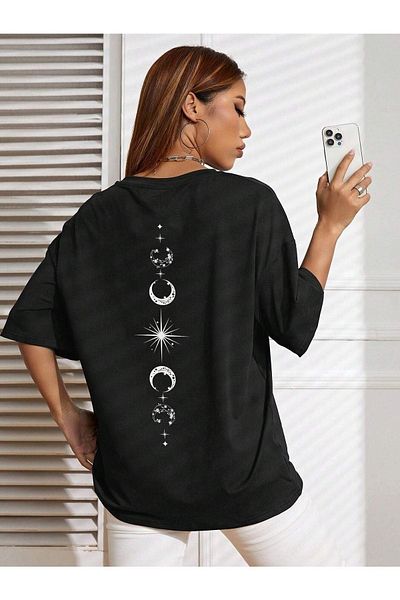 CLAYES Μαύρο μπλουζάκι με στάμπα Moon Start - Crew Neck, κοντό μανίκι