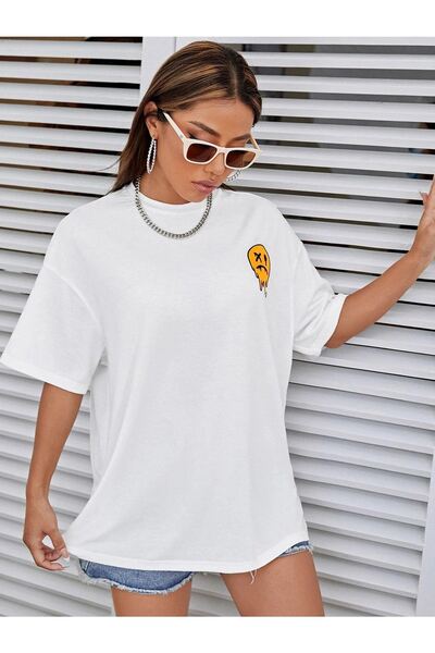 VBSVİBES Γυναικείο Λευκό Oversize No More Rules εμπριμέ πλεκτό μπλουζάκι