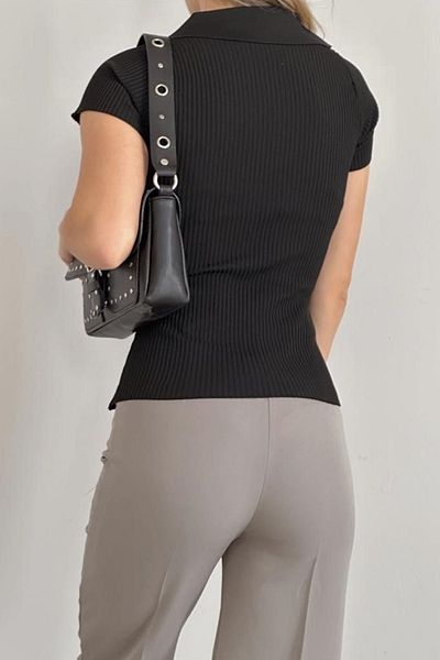 WOMAN VISION Μαύρη πλεκτή μπλούζα με κοντό μανίκι Polo Neck 0271