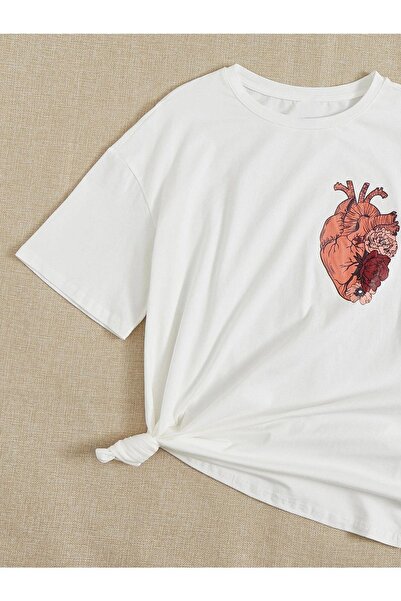 VBSVİBES تي شيرت نسائي محبوك أبيض كبير الحجم مطبوع عليه قلب