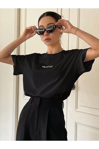 VBSVİBES Women's Black Oversize Classical Printed Knitted T-shirt