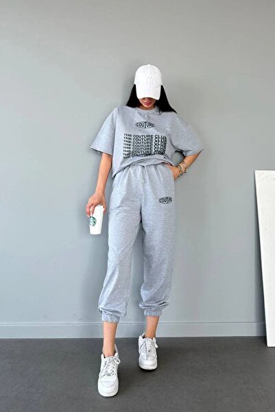 DUBU BUTİK Couture Club T-shirt Eşofman Altı Jogger- Gri Baskılı Alt Üst Eşofman Takım Oversize Bisiklet Yaka