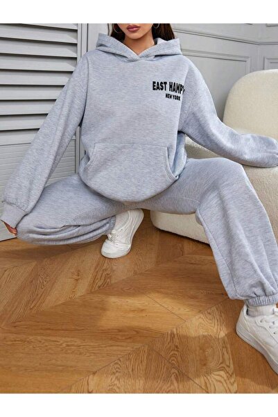 CLAYES East Hampton Eşofman Takımı Sweatshirt Jogger - Gri Baskılı Oversize Şardonlu Kapüşonlu