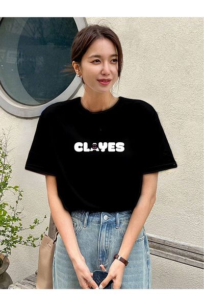 CLAYES Μπλουζάκι Smile Clayes Single Jersey - Μαύρο εμπριμέ κοντομάνικο μπλουζάκι με λαιμόκοψη