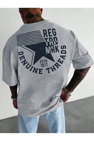 DUBU BUTİK Μπλουζάκι Genuine Threads Oversize Grey Printed - Μπλουζάκι με κοντό μανίκι με άνετη εφαρμογή