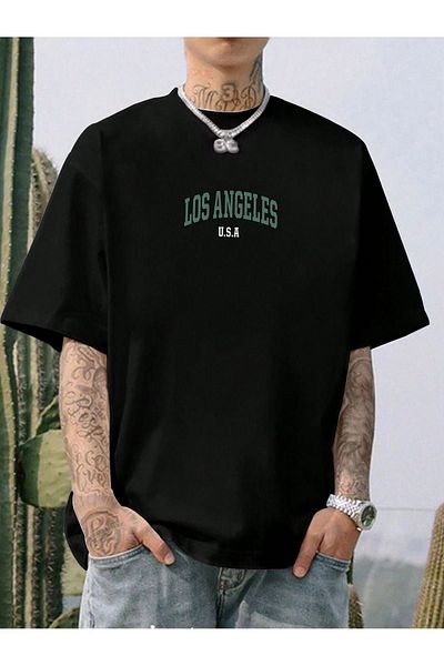 VBSVİBES Black oversize patterned t-shirt with USA print.