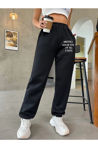 Sweetline Προστατέψτε το Sweatpants Jogger - Μαύρο εμπριμέ λαστιχένιο πόδι με ψηλή μέση