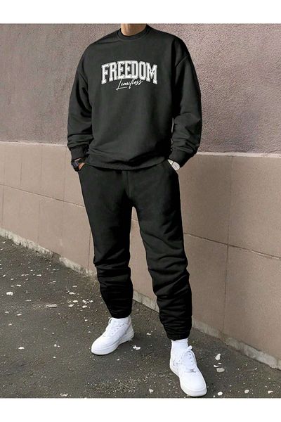 CLAYES Set de trening Freedom Limitless 100% bumbac - Fleece de iarnă cu decolteu turn negru imprimat