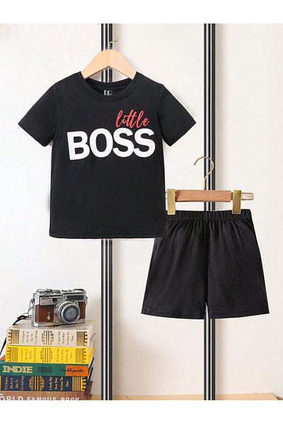 CLAYES Little Boss Printed - Fekete pamut rövidnadrág és póló szett fiúknak és lányoknak, nyakú