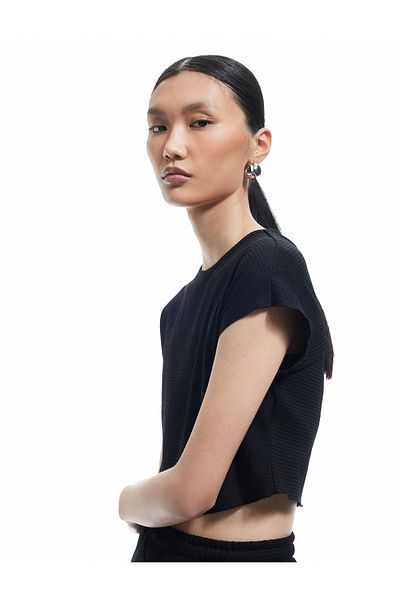 Koton Textured Cap Sleeve Crew Neck Crop T-Shirt