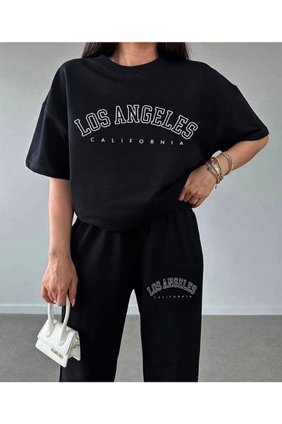 CLAYES Los Angeles T-shirt Sweatpants Jogger - Black Print Bottom Top Tracksuit Set Oversize Crew Neck