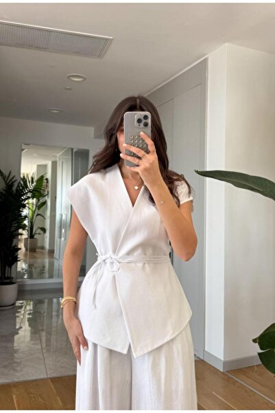 My Blog Weißes Juana-Weste-Hosen-Leinen-Set – 8597