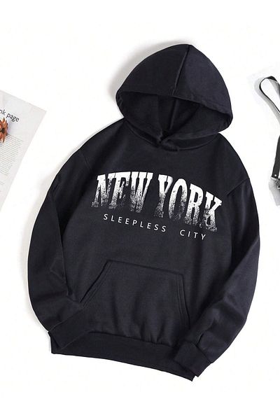 CLAYES Φούτερ New York Sleepless - Μαύρη στάμπα Oversize Hooded
