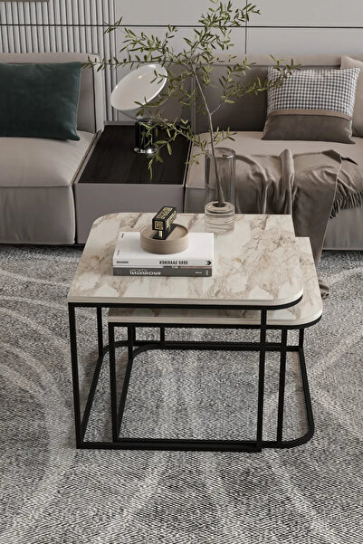 Reyo Falex Ahşap Sehpa Seti, Metal Ayaklı, Modern Tasarım, İç İçe Geçmeli 2'l...