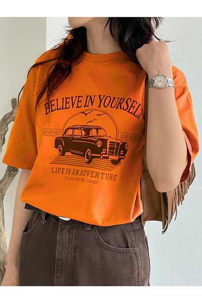 CLAYES Πορτοκαλί Oversize Crew Neck - Printed Believe In Yourself T-Shirt