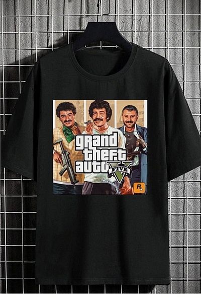 VBSVİBES Tricou negru unisex oversize Gta V cu decolteu cu imprimeu 100% bumbac