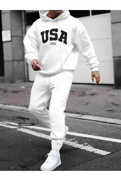 CLAYES USA 1984 100% βαμβακερή αθλητική φόρμα - Λευκή στάμπα Winter Fleece Hoodie