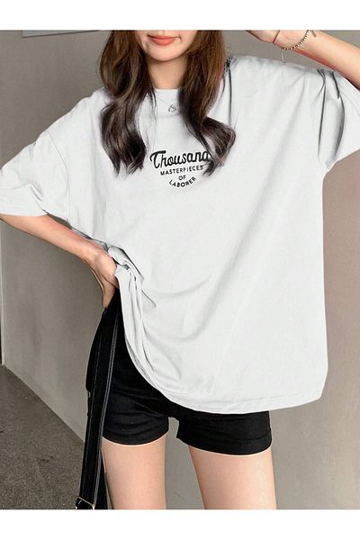 CLAYES Tricou Thousand Single Jersey - Tricou cu mânecă scurtă oversize cu decolteu și cu imprimeu alb