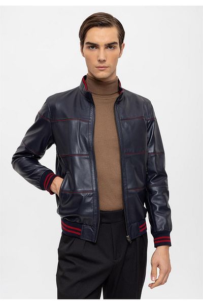 Deriderim Navy Blue Martin Double Sided Inside Burgundy Fabric Zippered Collar Sleeve and Waist Knitwear Men's Genuine Leather Coat