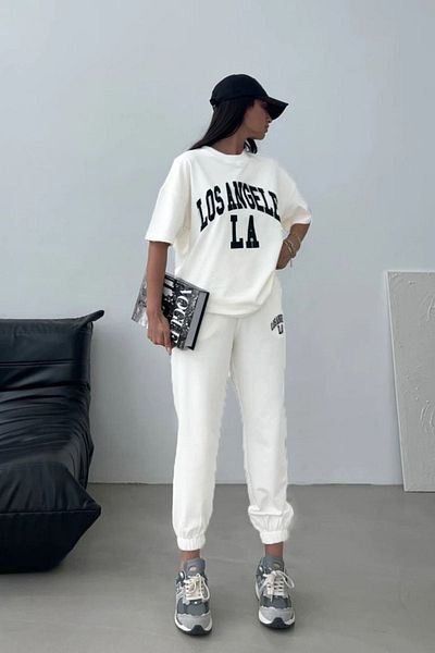Sweetline Μπλουζάκι Λος Άντζελες Φούτερ Jogger Λευκό εμπριμέ κάτω μέρος Φόρμα φόρμας Oversize Crew Neck