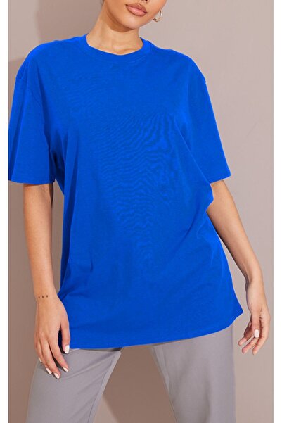 DUBU BUTİK Plain Single Jersey T-Shirt - Sax Blue Oversize Crew Neck Short Sleeve T-Shirt