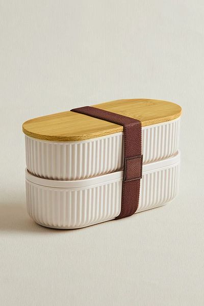 Kitchen Life 4 Pieces Bamboo Lid Storage Container 500ml & Striped Kayak Daily Meal